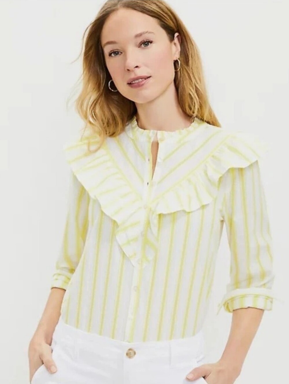 Loft Yellow Donny Stripe Ruffle Blouse M